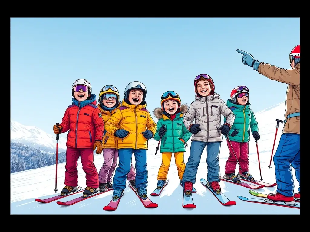 A group of skiers receiving instruction together on a sunny mountain slope, smiling and enjoying the experience.