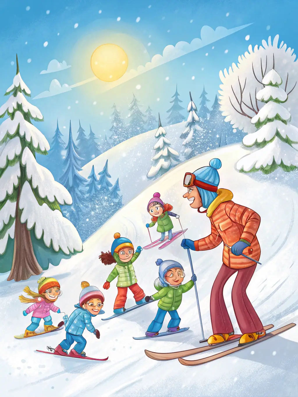 A group of intermediate skiers practicing parallel turns on a well-groomed ski run, with a certified instructor providing guidance and feedback. The skiers are demonstrating good form and control.
