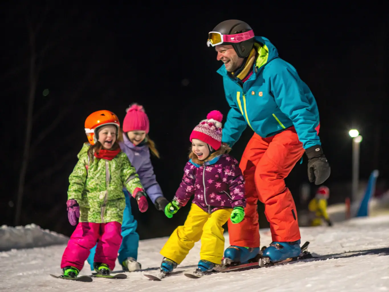 A family enjoying a ski lesson together, with a focus on safety and fun in a snowy mountain environment.